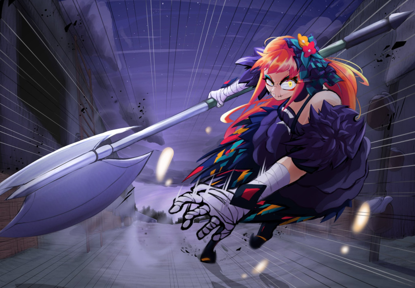 1girl, aqua_eyeshadow, axe, bandaged_arm, bandaged_hand, bandages, eyeliner, eyeshadow