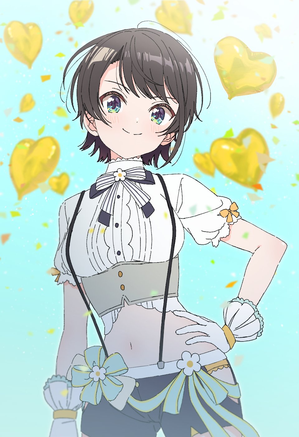 1girl, balloon, black_bow, black_bowtie, black_hair, black_shorts, blue_background, blue_bow, blue_eyes, blush, bow, bowtie, breasts, closed_mouth, commentary, confetti, corset, cowboy_shot, cropped_shirt, frilled_gloves, frills, gloves, green_eyes, hand_on_own_hip, hashtag_only_commentary, heart_balloon, highres, hip_vent, hololive, looking_at_viewer, medium_breasts, midriff, multicolored_eyes, navel, official_alternate_costume, oozora_subaru, oozora_subaru_(starlight), panties, panty_peek, panty_straps, shirt, short_hair, short_sleeves, shorts, simple_background, smile, solo, standing, striped, striped_bow, striped_bowtie, suspender_shorts, suspenders, swept_bangs, tlie_ilt, underbust, underwear, virtual_youtuber, white_bow, white_bowtie, white_gloves, white_shirt, yellow_panties