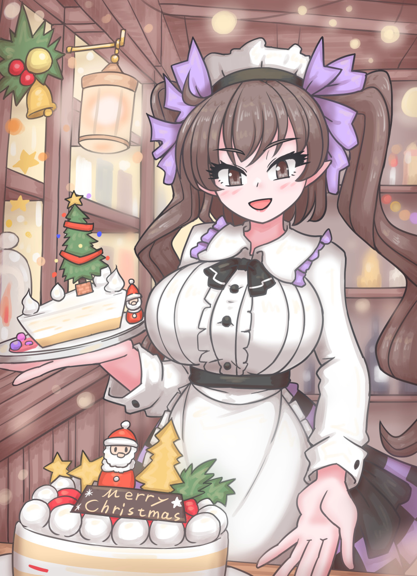 1girl, apron, black_hairband, breasts, brown_eyes, brown_hair, buttons, cake, christmas, food, frilled_apron, frilled_headwear, frilled_shirt_collar, frills, hairband, highres, himekaidou_hatate, holding, holding_cake, holding_food, holding_plate, indoors, long_sleeves, looking_at_viewer, mini_christmas_tree, plaid, plaid_skirt, plate, pointy_ears, puffy_long_sleeves, puffy_sleeves, purple_ribbon, ribbon, shirt, skirt, smile, solo, temu, touhou, twintails, two-tone_skirt, white_apron, white_shirt