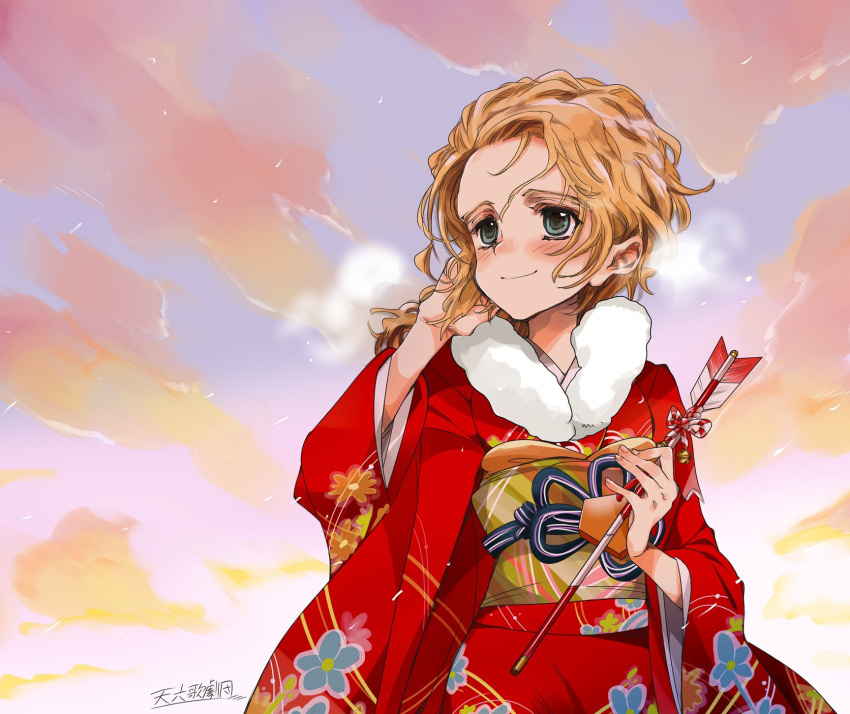 1girl, arrow_(projectile), blonde_hair, blush, breath, clouds, commentary_request, dawn