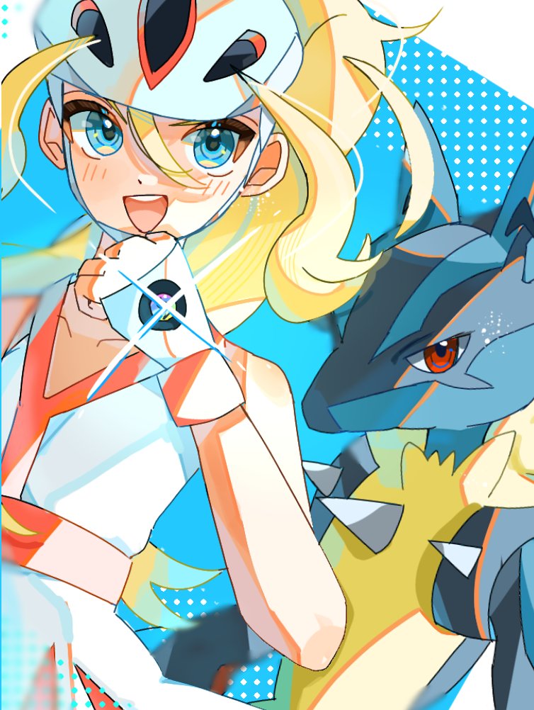 1girl, :d, bare_shoulders, blonde_hair, blue_eyes, dress, fingerless_gloves, gloves, hair_between_eyes, helmet, korrina_(pokemon), long_hair, looking_at_viewer, lucario, nfvw2evamr86075, open_mouth, pokemon, pokemon_(creature), pokemon_xy, sleeveless, sleeveless_dress, smile, teeth, upper_body, upper_teeth_only, white_dress, white_gloves