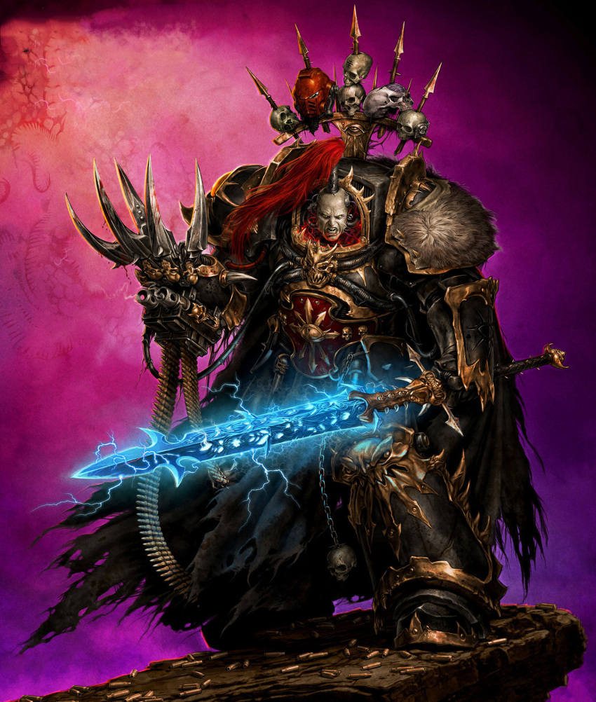 abbadon_the_despoiler, ammunition_belt, arm_mounted_weapon, armor, chain, chaos_(warhammer), clawed_gauntlets, energy_sword, highres, holding, holding_sword, holding_weapon, israel_llona, looking_at_viewer, ornate_armor, pelt, plume, shell_casing, skull, skull_ornament, sword, terminator_armor, tube, warhammer_40k, weapon
