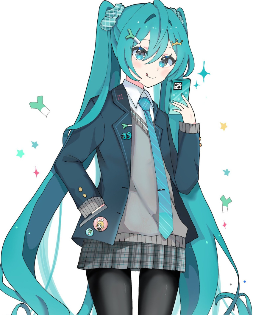 1girl, :q, badge, black_pantyhose, blue_eyes, blue_hair, blue_jacket, blue_necktie