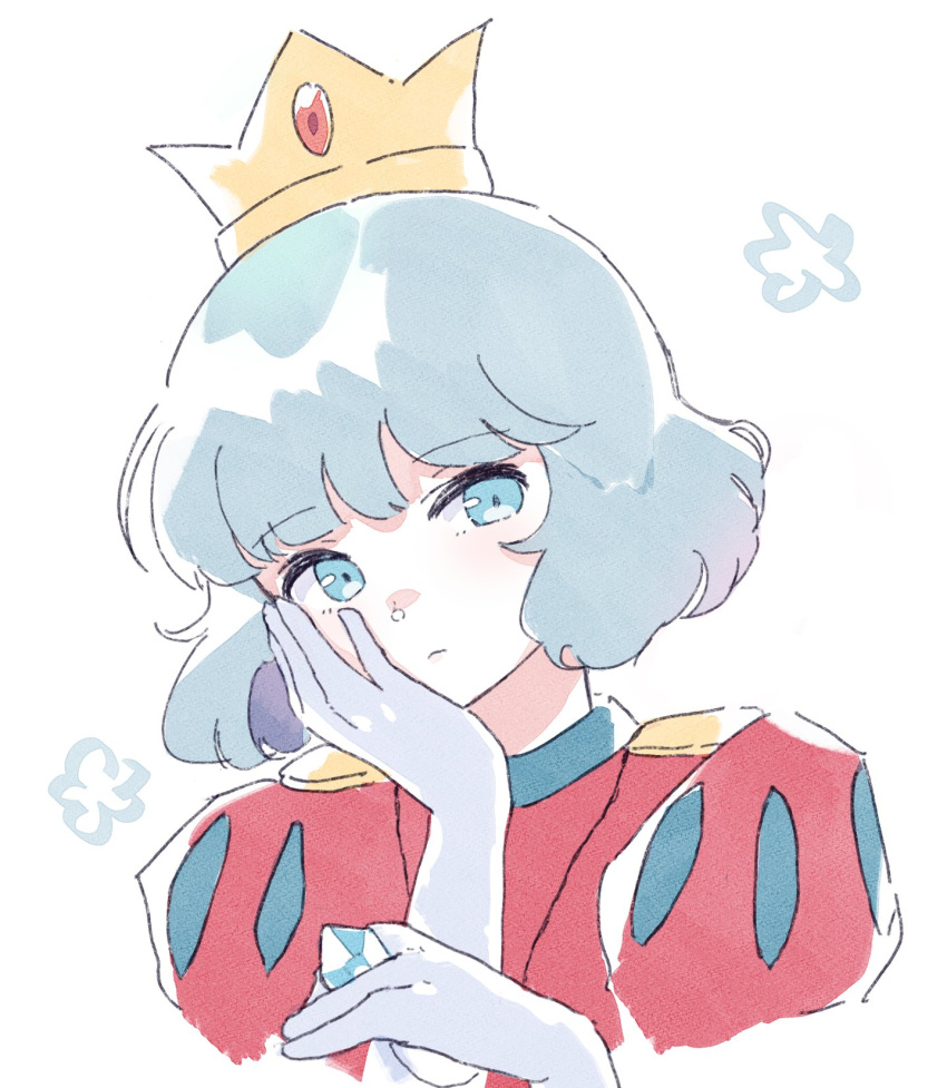 1boy, blue_eyes, blue_gloves, blue_hair, bob_cut, crown, epaulettes, fq75017, gloves, hand_on_own_cheek, hand_on_own_face, highres, holding_crystal, looking_at_viewer, otoko_no_ko, portrait, prince_haru, puffy_sleeves, red_shirt, shirt, short_hair, simple_background, solo, super_mario_bros.:_peach-hime_kyushutsu_dai_sakusen!, white_background