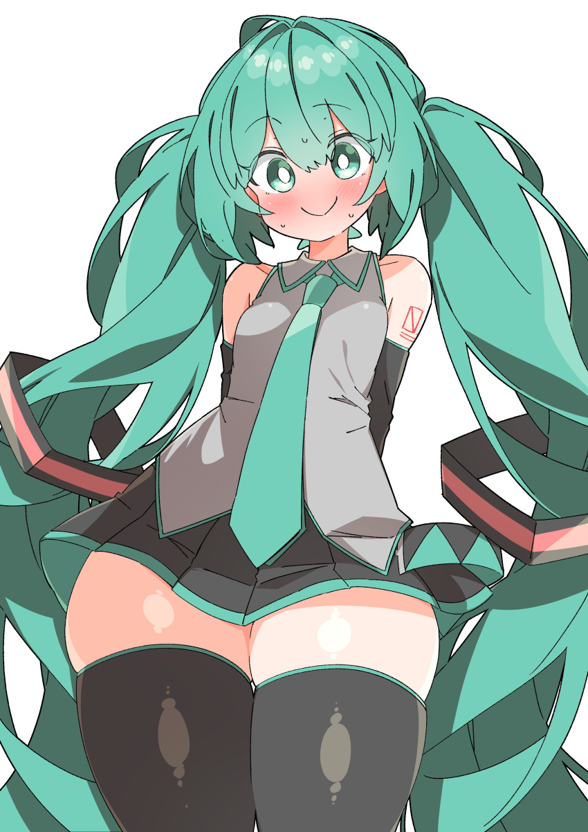 1girl, absurdres, aqua_eyes, aqua_hair, aqua_necktie, aqua_skirt, ass_visible_through_thighs, black_sleeves