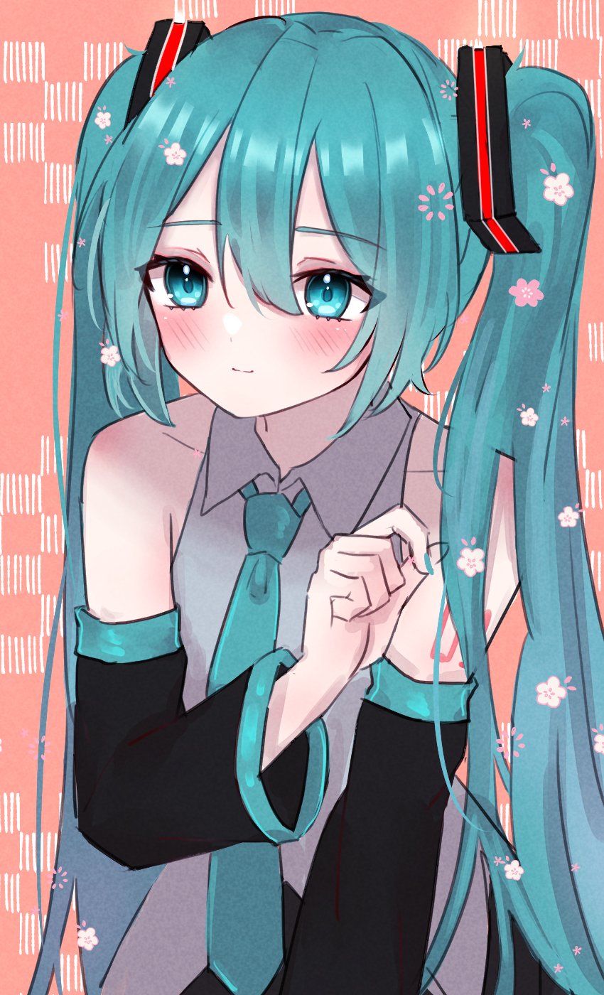 1girl, averting_eyes, bare_shoulders, black_sleeves, blue_eyes, blue_hair, blue_nails, blue_necktie