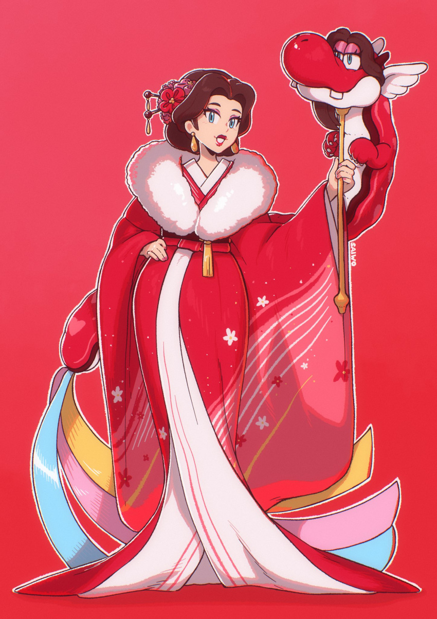 1girl, alternate_costume, alternate_hairstyle, ancient_dragon_(mario), blue_eyes, brown_hair, dragon, earrings