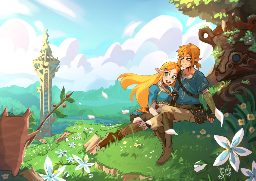 1boy, 1girl, belt, blonde_hair, blue_eyes, blue_flower, blue_sky, blue_tunic, boots, brown_belt, brown_footwear, brown_gloves, brown_pants, clouds, day, fingerless_gloves, flower, gloves, grass, grey_hair, highres, holding, holding_stick, knee_boots, korok, link, little_enne, long_hair, looking_at_another, medium_hair, open_mouth, outdoors, pants, pointy_ears, princess_zelda, shoulder_belt, sitting, sky, stick, teeth, the_legend_of_zelda, the_legend_of_zelda:_breath_of_the_wild, tower, tree, upper_teeth_only, white_flower, white_petals