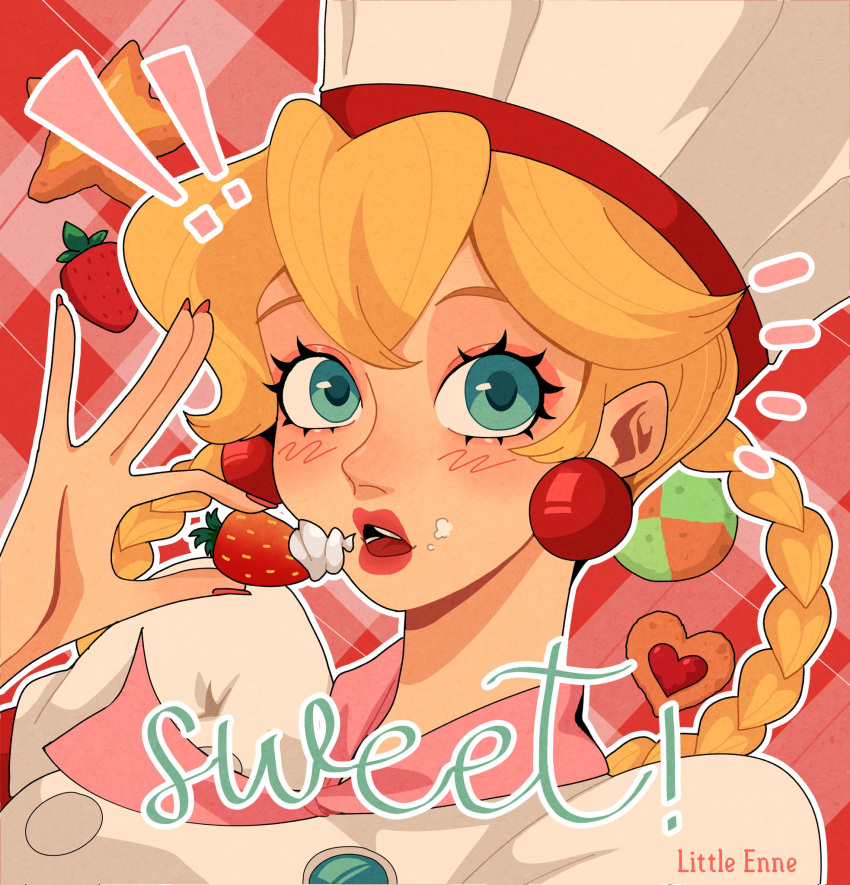!, !!, 1girl, artist_name, blonde_hair, blue_eyes, braided_hair_rings, chef_hat