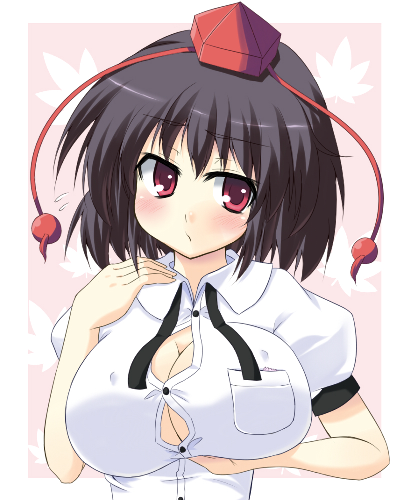 black_hair, blush, breast_lift, breasts, bust, cleavage, hat, huge_breasts