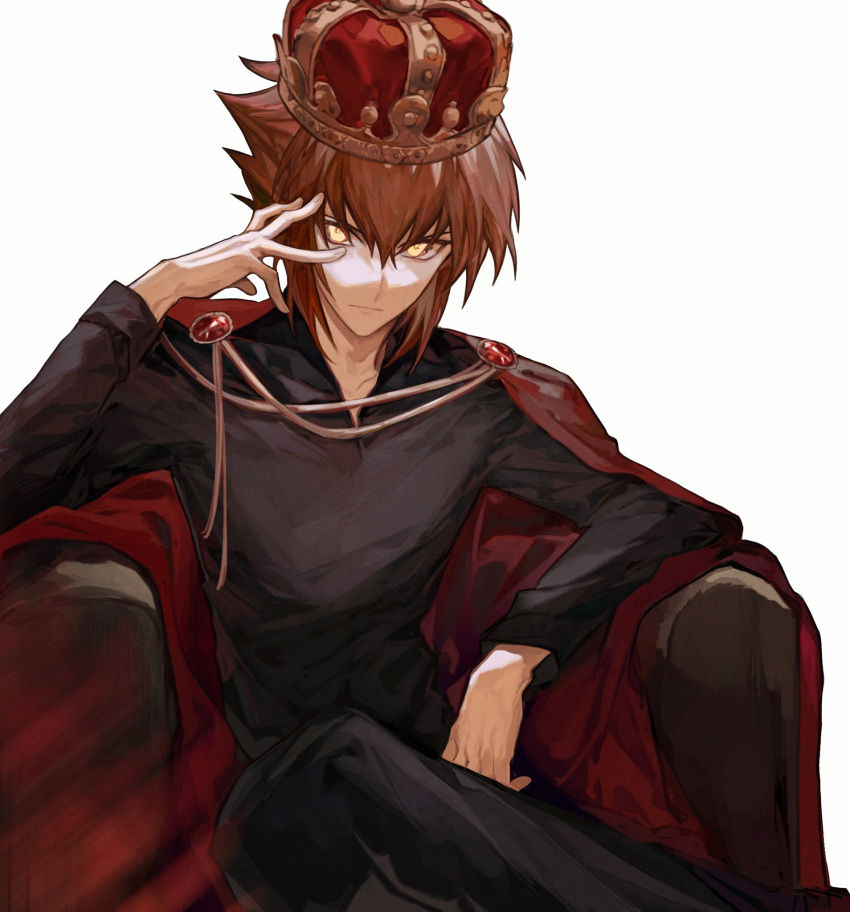 1boy, alternate_costume, black_pants, black_shirt, brown_hair, cape, chair, chinese_commentary