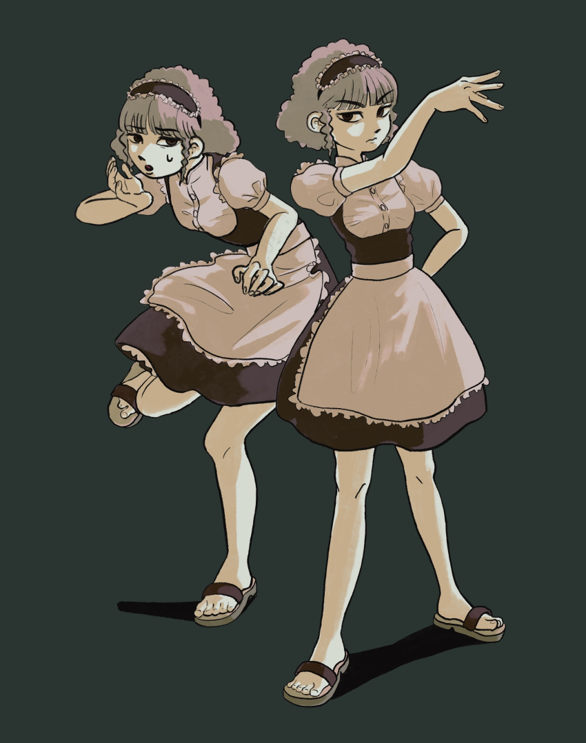 2girls, :o, absurdres, apron, bara_to_tsubaki, black_dress, brown_hair, dress, ganganhmbo, hand_on_own_hip, hand_up, highres, maid, maid_apron, multiple_girls, sandals, short_hair, short_sleeves, siblings, simple_background, sisters, standing, standing_on_one_leg, sweatdrop, twins