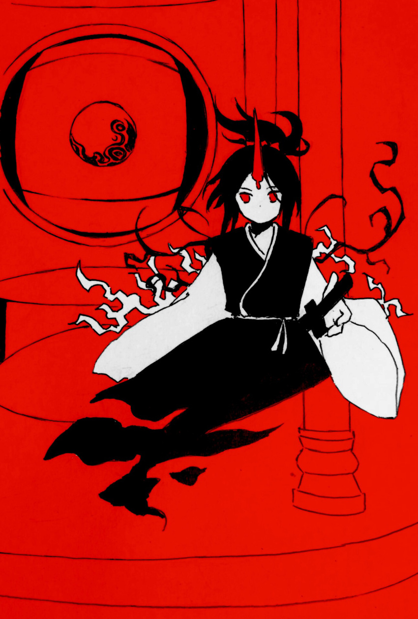 1girl, commentary_request, facing_viewer, flat_chest, greyscale_with_colored_background, highres, holding, holding_sword