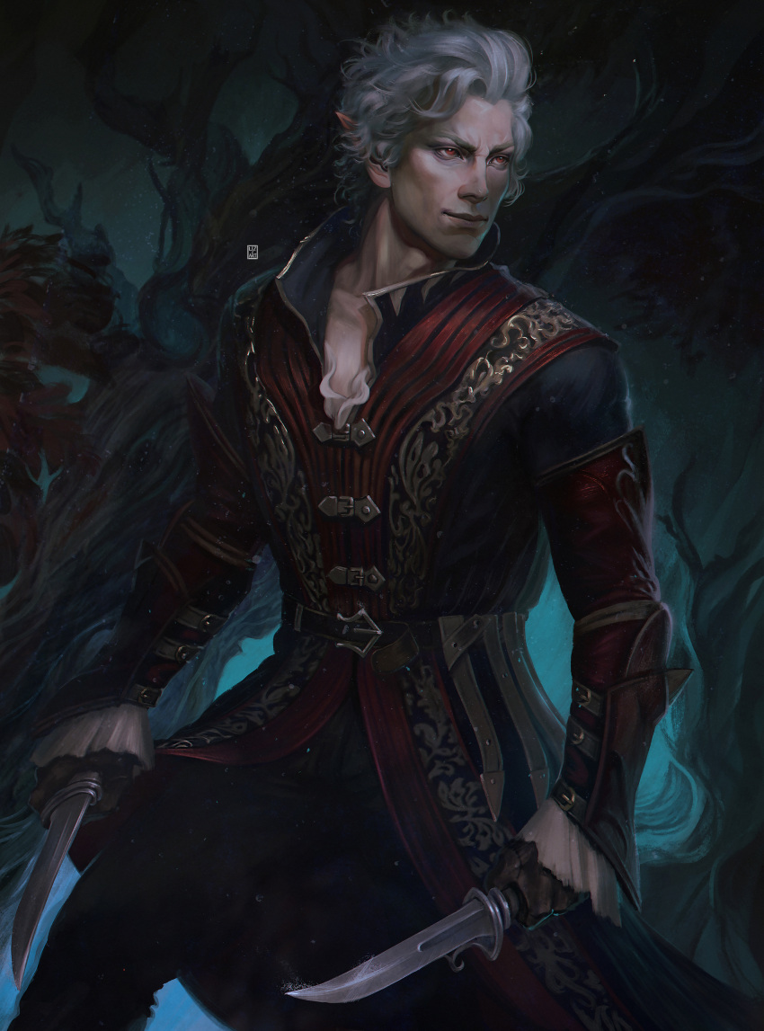 >:), 1boy, absurdres, arm_guards, astarion, baldur's_gate, baldur's_gate_3, belt, black_coat, black_gloves, black_pants, coat, collared_coat, commentary, cowboy_shot, dagger, dual_wielding, dungeons_and_dragons, elf, english_commentary, forest, gloves, grey_hair, highres, holding, holding_dagger, holding_knife, holding_weapon, knife, legs_apart, lizzart-zardonicz, long_sleeves, looking_ahead, male_focus, nature, night, outdoors, pants, pointy_ears, realistic, red_eyes, roots, short_hair, smile, solo, standing, tree, v-shaped_eyebrows, weapon