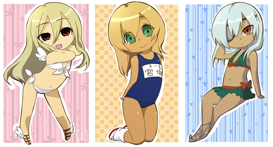 aphrodi, aphrodite_(inazuma_eleven), bad_id, bikini, blonde_hair, chibi, crossdressinging, dark_skin