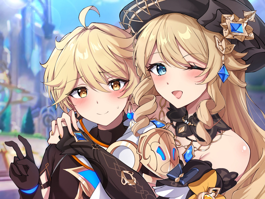 1boy, 1girl, aether_(genshin_impact), ahoge, black_gloves, black_headwear, blue_eyes, blush