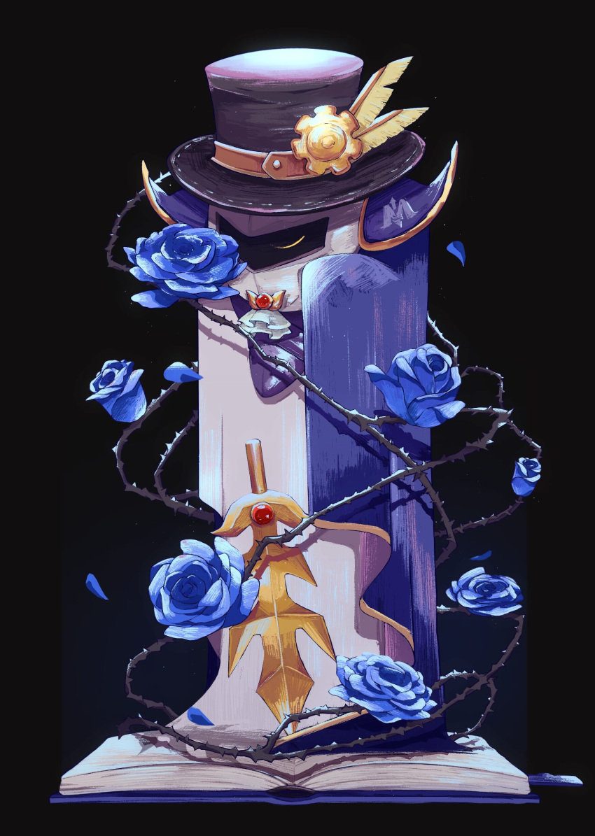 1boy, 93mai, absurdres, armor, ascot, black_background, blue_flower, blue_rose, book, closed_eyes, flower, galaxia_(sword), hat, hat_feather, highres, kirby_(series), male_focus, mask, meta_knight, no_humans, pauldrons, petals, rose, shoulder_armor, solo, sword, thorns, weapon