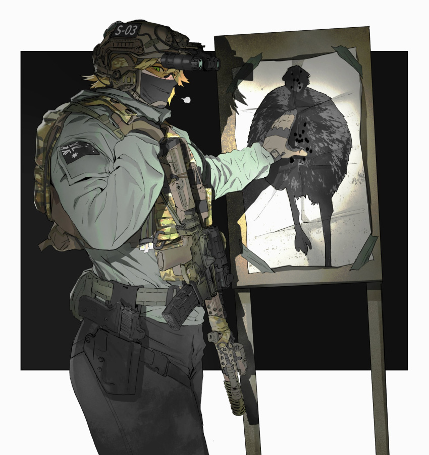 1girl, ar-15, assault_rifle, australian_flag, backpack, bag, blonde_hair, border