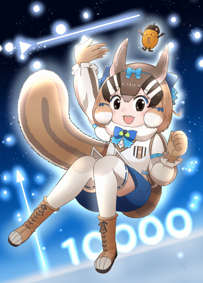 1girl, acorn, animal_ears, boots, brown_eyes, brown_hair, chipmunk_ears, chipmunk_girl