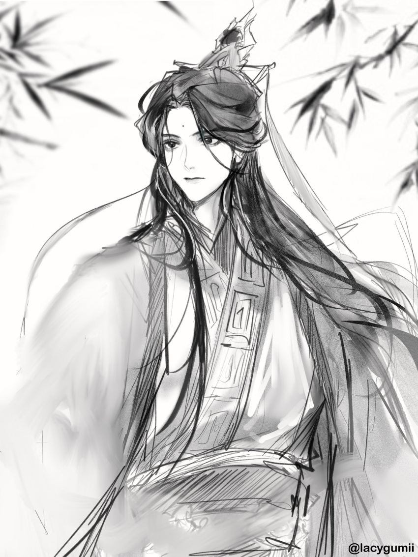 1boy, chinese_clothes, closed_mouth, expressionless, facial_mark, forehead_mark, greyscale, hanfu