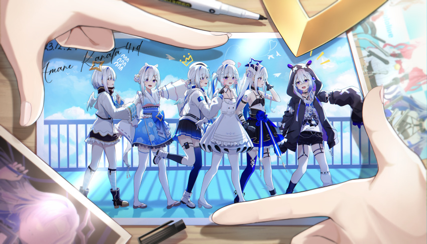 6+girls, absurdres, amane_kanata, amane_kanata_(1st_costume), amane_kanata_(6th_costume), amane_kanata_(another_world), amane_kanata_(new_year), amane_kanata_(nurse)