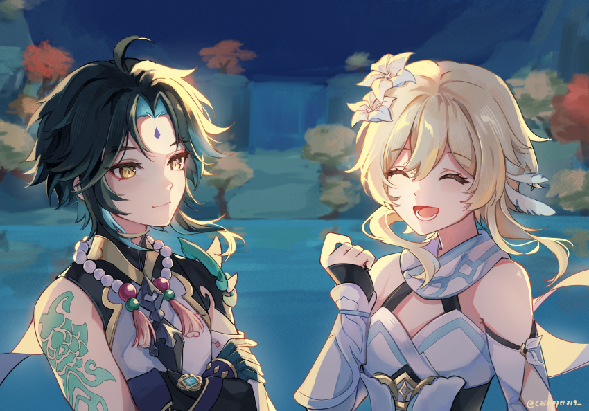 1boy, 1girl, absurdres, arm_tattoo, bare_shoulders, bead_necklace, beads, black_hair