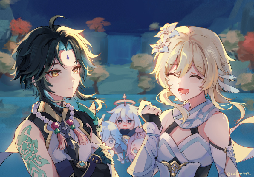 2boys, 3girls, absurdres, arm_tattoo, bare_shoulders, bead_necklace, beads, black_hair