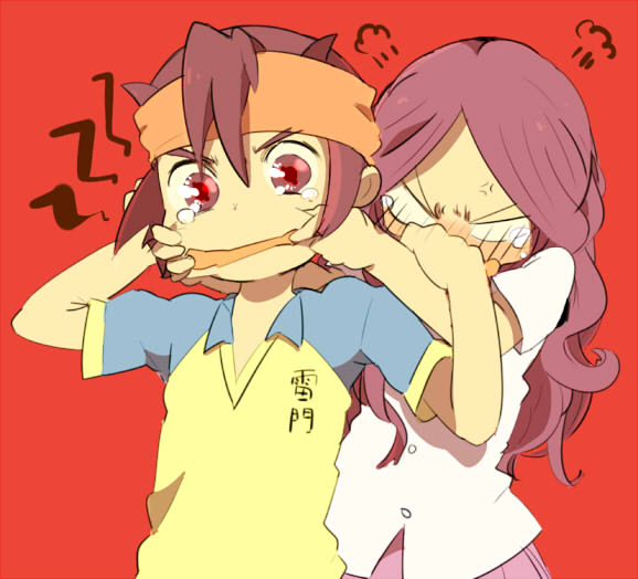 brown_hair, embarrassed, endou_mamoru, inazuma_eleven, long_hair, raimon_natsumi, rawan, red_hair