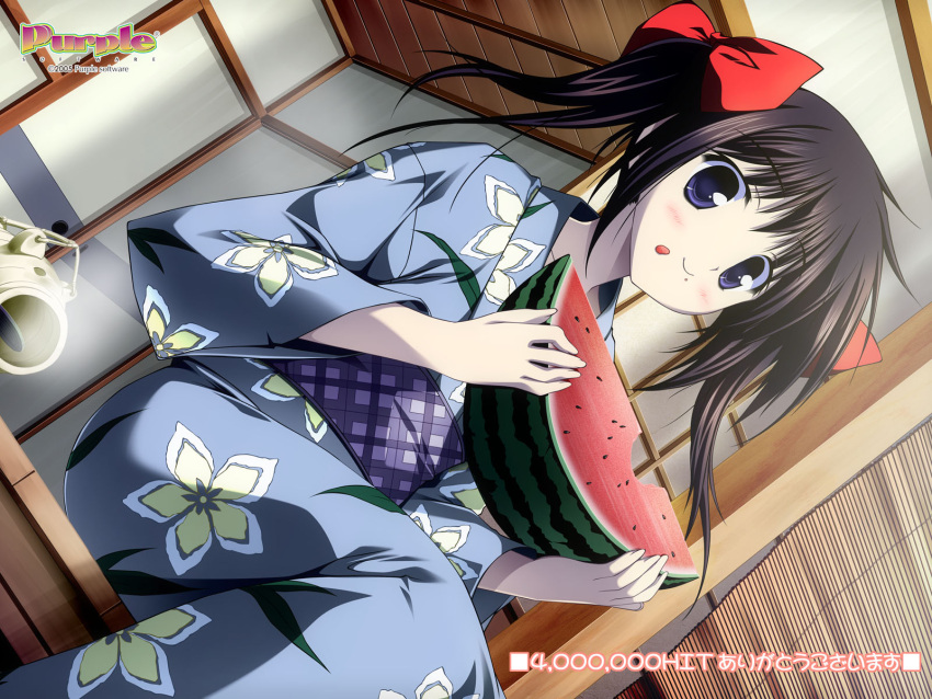 akiiro_renka, black_hair, blue_eyes, blush, bow, dutch_angle, eating, food