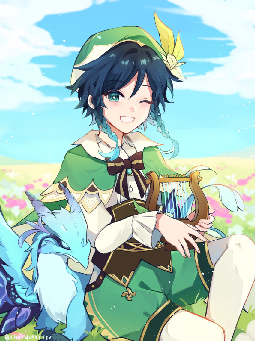 1boy, beret, black_hair, blue_hair, braid, cape, cassiopeia19, dragon, dvalin_(genshin_impact), flower, genshin_impact, gradient_hair, green_eyes, green_headwear, hair_ornament, hat, highres, long_sleeves, looking_at_viewer, male_focus, multicolored_hair, one_eye_closed, smile, solo, teeth, twin_braids, venti_(genshin_impact)