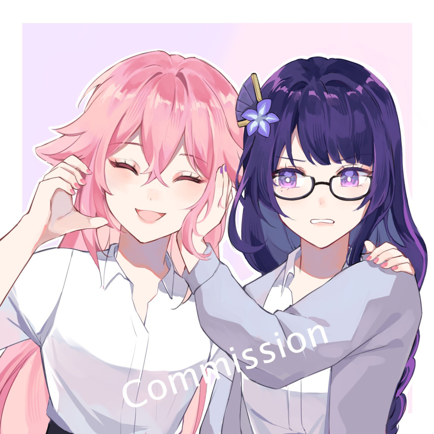 breasts, cassiopeia19, closed_eyes, genshin_impact, glass, grey_jacket, hair_between_eyes, highres, jacket, long_hair, medium_breasts, open_mouth, pink_hair, purple_hair, raiden_shogun, shirt, smile, teeth, violet_eyes, white_shirt, yae_miko