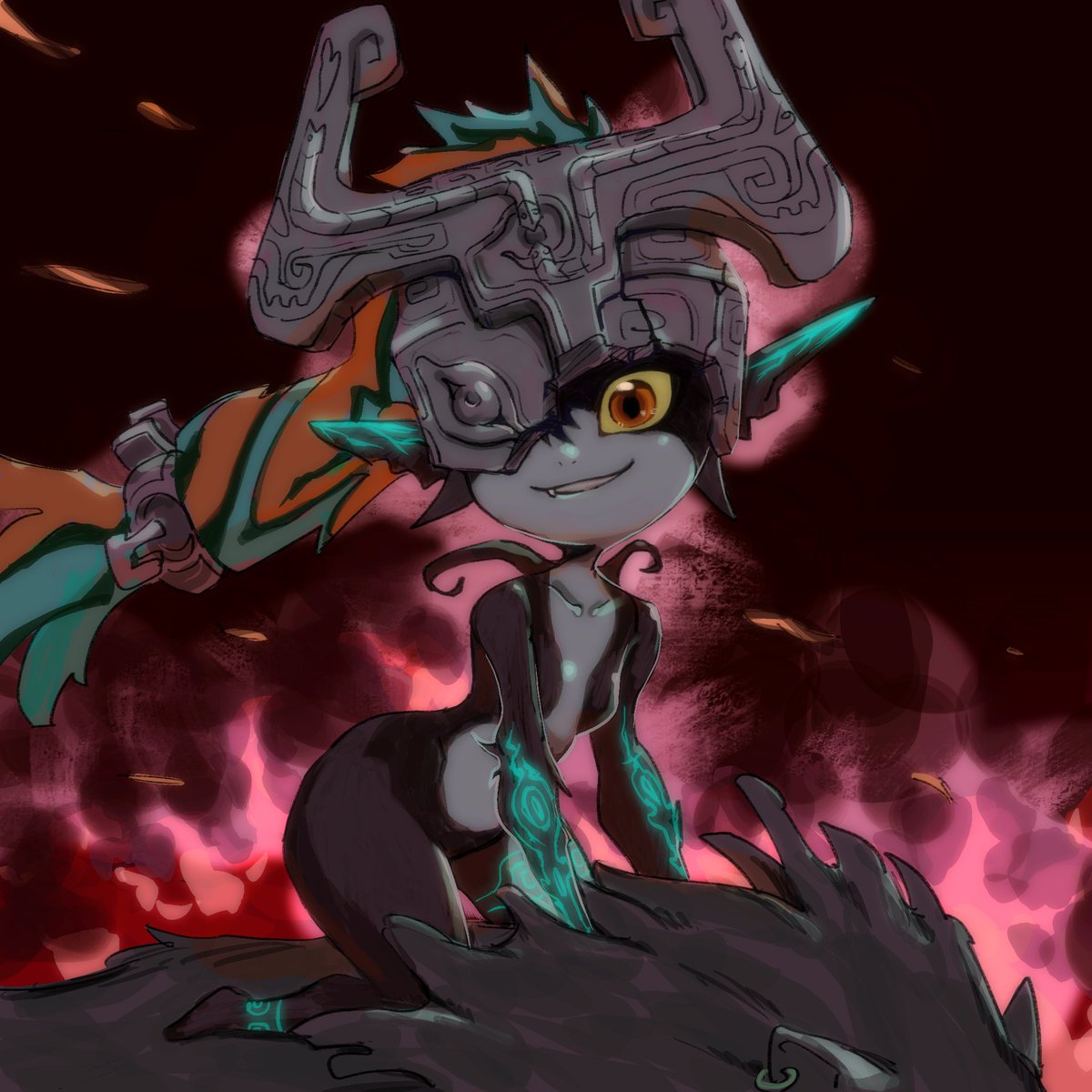 1boy, 1girl, ankle_tattoo, arm_markings, arm_tattoo, black_skin, body_markings, breasts, collarbone, colored_sclera, colored_skin, earrings, embers, fang, fang_out, fiery_background, fiery_hair, fire, fused_shadows, glowing_markings, grin, helmet, highres, imp, jewelry, kneeling, link, long_hair, looking_at_viewer, midna, midna_(imp), multicolored_skin, neon_trim, one_eye_covered, orange_hair, pink_background, pointy_ears, ponytail, red_background, red_eyes, riding, riding_animal, shortstack, small_breasts, smile, solo_focus, tattoo, the_legend_of_zelda, the_legend_of_zelda:_twilight_princess, twili, two-tone_skin, wanda_yu, wide_hips, wolf, wolf_link, yellow_sclera