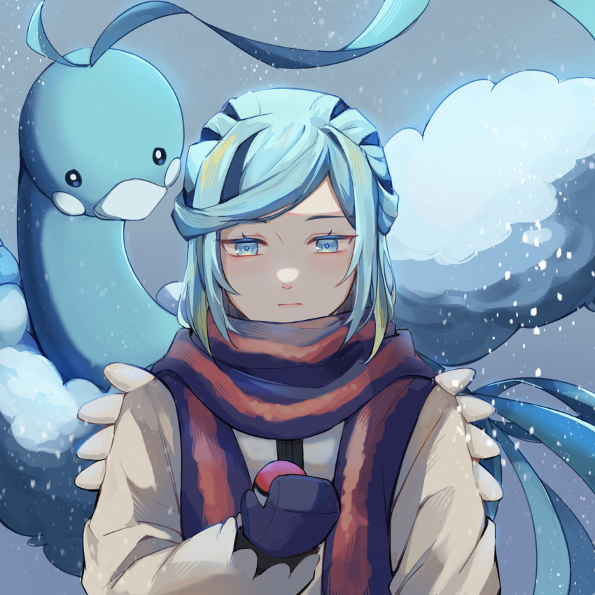 1girl, altaria, blue_hair, cassiopeia19, closed_mouth, gloves, grusha_(pokemon), highres