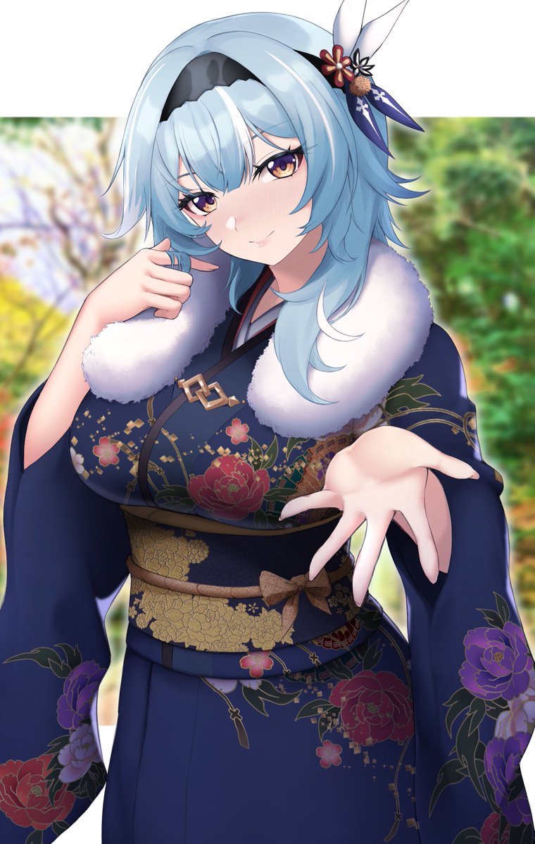 1girl, alternate_costume, blue_hair, blue_kimono, blurry, blurry_background, blush, breasts