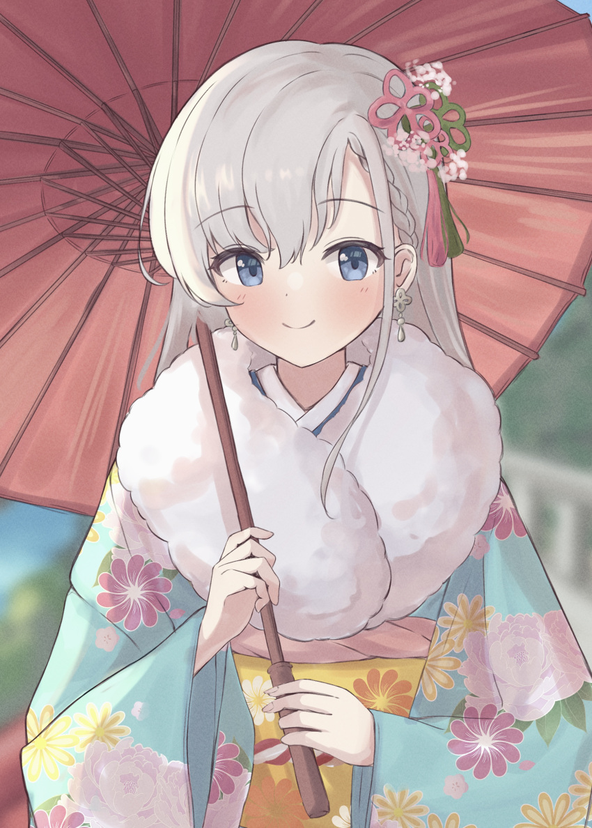 1girl, absurdres, blue_eyes, blurry, blurry_background, blush, braid, braided_bangs