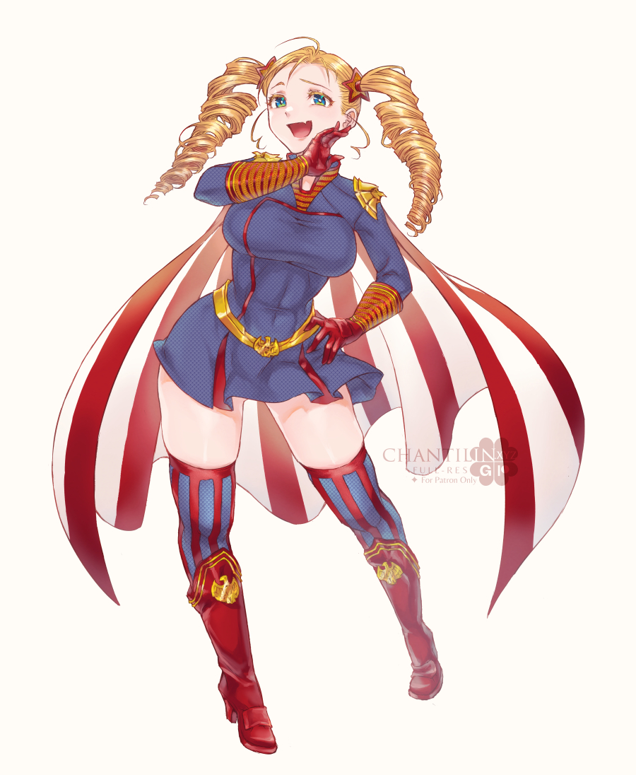 1girl, ahoge, blonde_hair, blue_dress, blue_eyes, boots, breasts, chanti_(chantilin), contrapposto, covered_abs, dress, drill_hair, fang, full_body, genderswap, genderswap_(mtf), gloves, hair_ornament, hand_on_own_hip, high_heel_boots, high_heels, homelander, knee_boots, large_breasts, ojou-sama_pose, pleated_skirt, red_footwear, red_gloves, short_dress, skin_fang, skirt, solo, star_(symbol), star_hair_ornament, striped, striped_cape, striped_thighhighs, the_boys, thigh-highs, twin_drills, vertical-striped_thighhighs, vertical_stripes, watermark