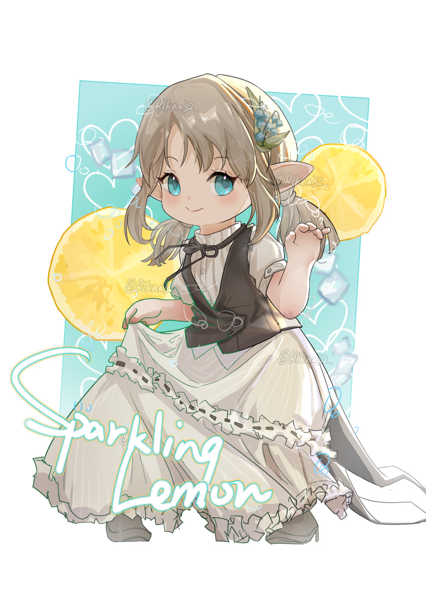 1girl, absurdres, blonde_hair, blue_eyes, brown_vest, closed_mouth, dress, english_text