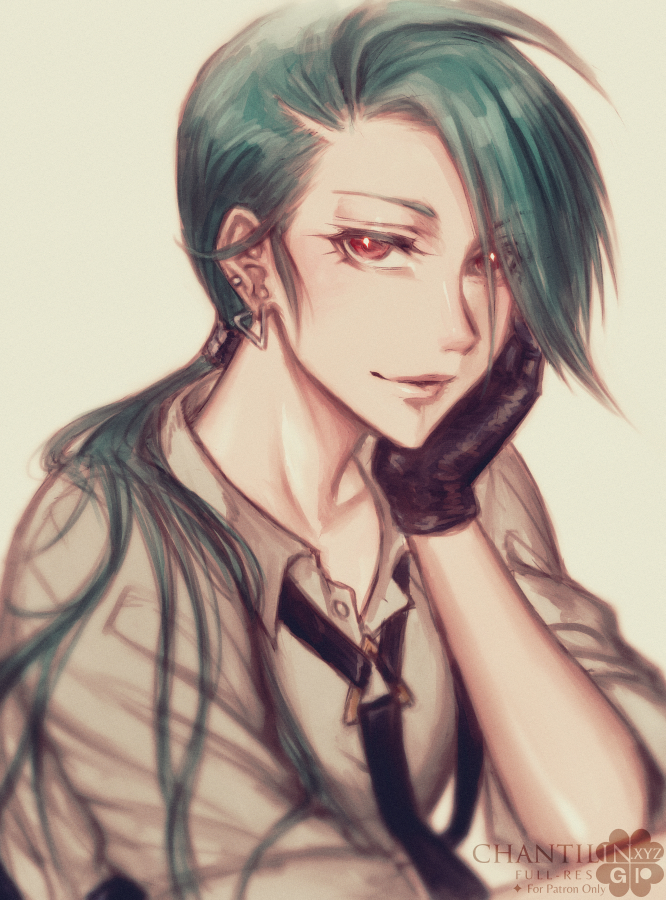 1girl, artist_name, black_gloves, chanti_(chantilin), commentary, ear_piercing, earrings, english_commentary