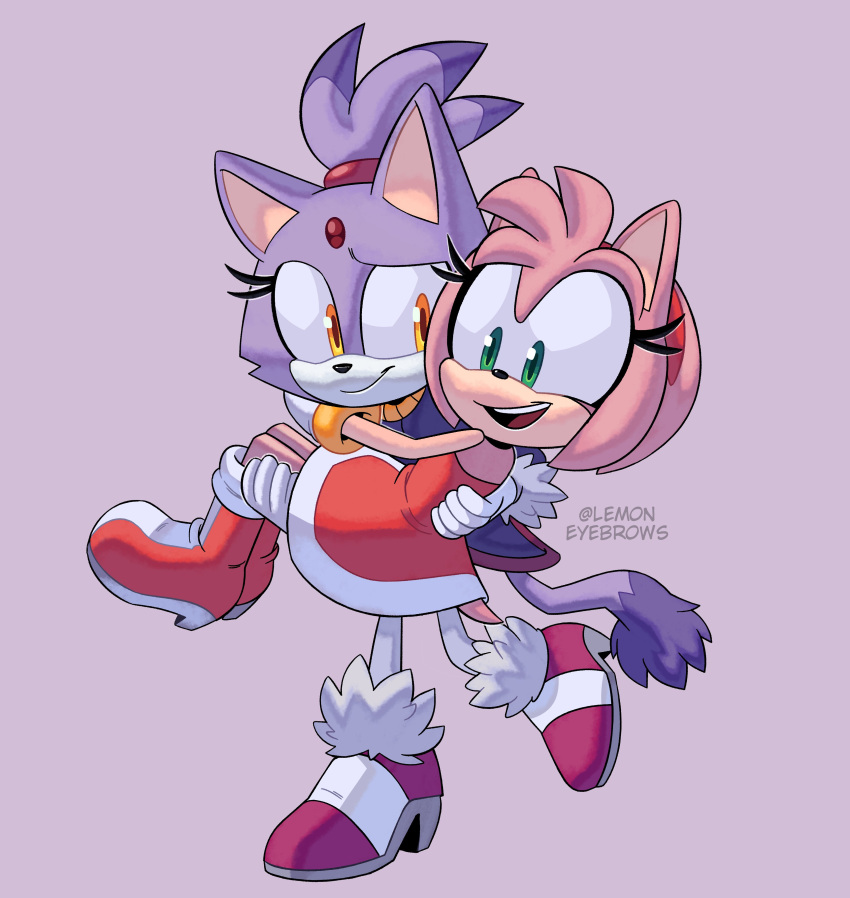 2girls, absurdres, amy_rose, animal_ears, artist_name, blaze_the_cat, carrying, cat_ears