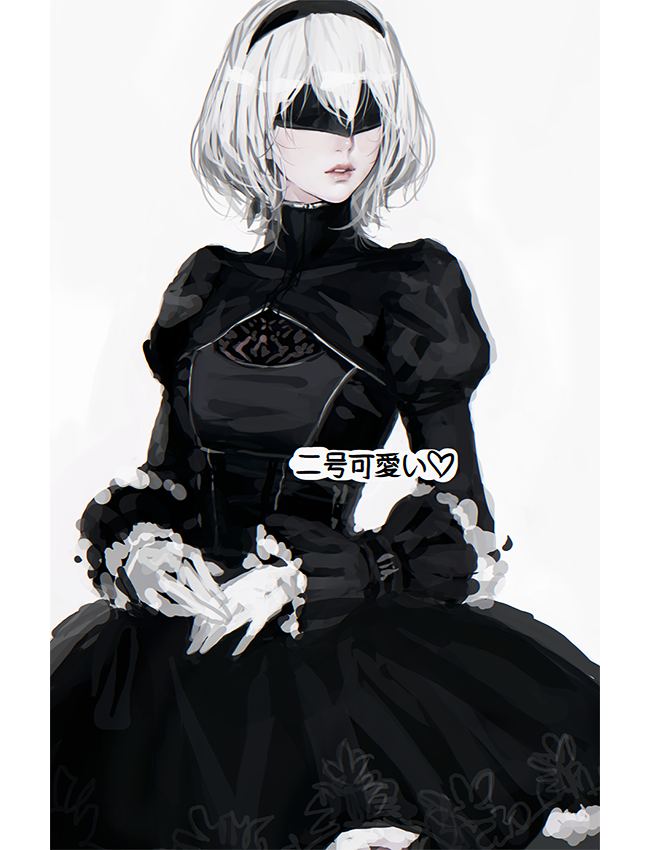 1girl, a2_(nier:automata), black_blindfold, black_dress, blindfold, commentary_request, cowboy_shot, d.k