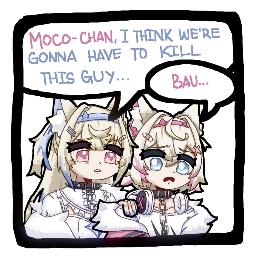 2girls, animal_collar, animal_ears, axel_diamondis, bandaid, bandaid_hair_ornament, black_collar, blonde_hair, blue_eyes, blue_hair, blue_hairband, collar, commentary, crossed_bangs, dog_ears, dog_girl, double-parted_bangs, english_commentary, english_text, fake_horns, fur-trimmed_jacket, fur_trim, fuwawa_abyssgard, hair_between_eyes, hair_intakes, hair_ornament, hairband, headphones, headphones_around_neck, highres, hololive, hololive_english, horns, i_think_we're_gonna_have_to_kill_this_guy_steven_(meme), jacket, long_hair, meme, mococo_abyssgard, multicolored_hair, multiple_girls, pink_eyes, pink_hair, pink_hairband, sad, shirt, short_hair, siblings, sisters, speech_bubble, spiked_collar, spikes, streaked_hair, t-shirt, twins, upper_body, virtual_youtuber, white_shirt, x_hair_ornament