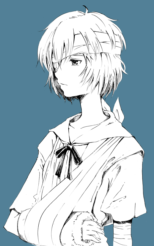 bandages, blue, eyepatch, monochrome, neon_genesis_evangelion, ribbon, school_uniform, shanghai_man