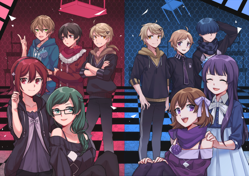 4girls, 6+boys, :d, a-no, a-ya_(shuuen_no_shiori), alternate_color, alternate_costume, aqua_hoodie