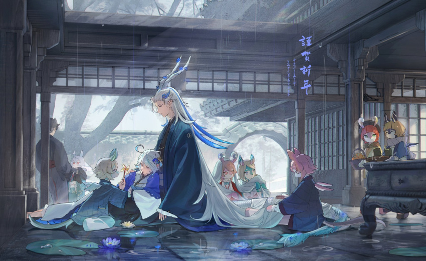 2boys, 6+girls, ^_^, absurdly_long_hair, aeval_(genshin_impact), ahoge, aji_11300913, aqua_bow