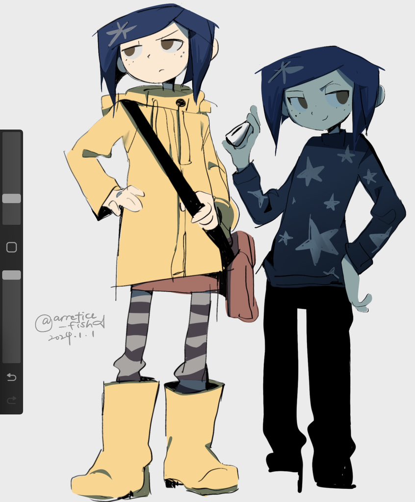 1girl, arrcticc_fish, artist_name, bag, black_pants, blue_hair, blue_sweater, brown_eyes