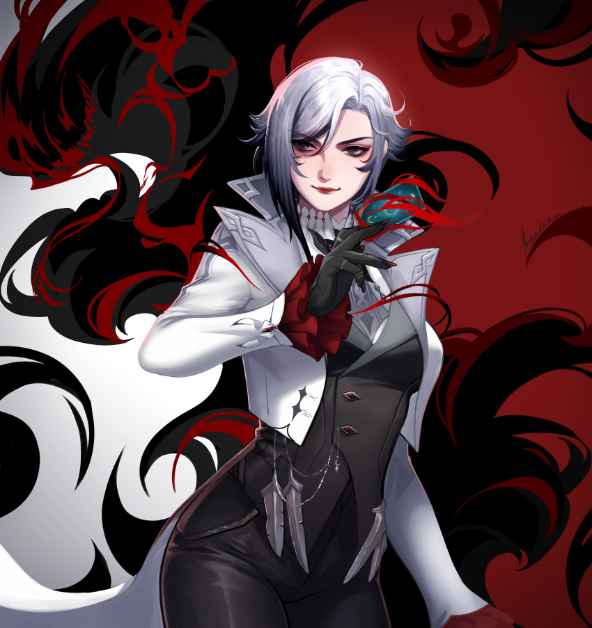 1girl, absurdres, arlecchino_(genshin_impact), arlequino, ascot, card, facing_viewer, fingernails