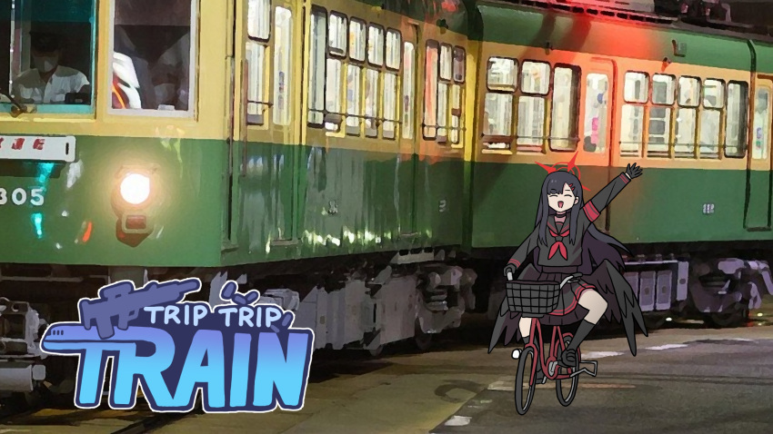 1boy, 1girl, :d, ^_^, arm_up, armband, bicycle, black_choker, black_footwear, black_gloves, black_hair, black_serafuku, black_skirt, black_socks, black_wings, blue_archive, blunt_bangs, choker, closed_eyes, commentary_request, english_text, enoden_bicycle_bro_(meme), feathered_wings, gloves, hair_ornament, hairclip, halo, highres, ichika_(blue_archive), kneehighs, long_hair, long_sleeves, looking_at_viewer, meme, parted_bangs, photo-referenced, photo_background, pleated_skirt, red_armband, riding, riding_bicycle, road, school_uniform, serafuku, shoes, sidelocks, skirt, smile, socks, train, train_driver, washin, waving, wings