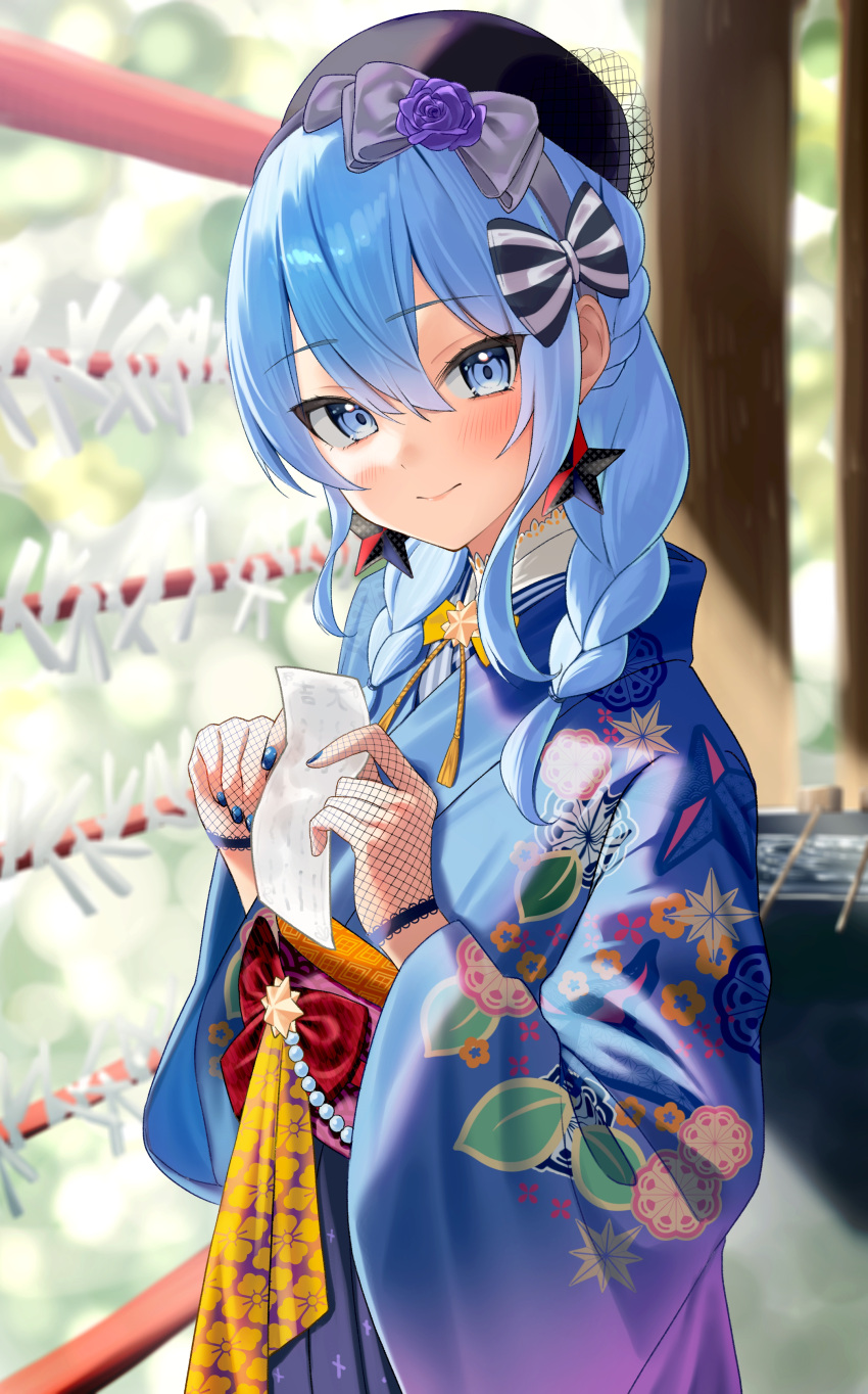 1girl, absurdres, beret, black_gloves, black_headwear, blue_eyes, blue_hair, blue_kimono