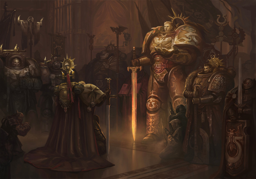 6+boys, armor, black_templars, blonde_hair, candle, emperor's_sword, gauntlets, glowing