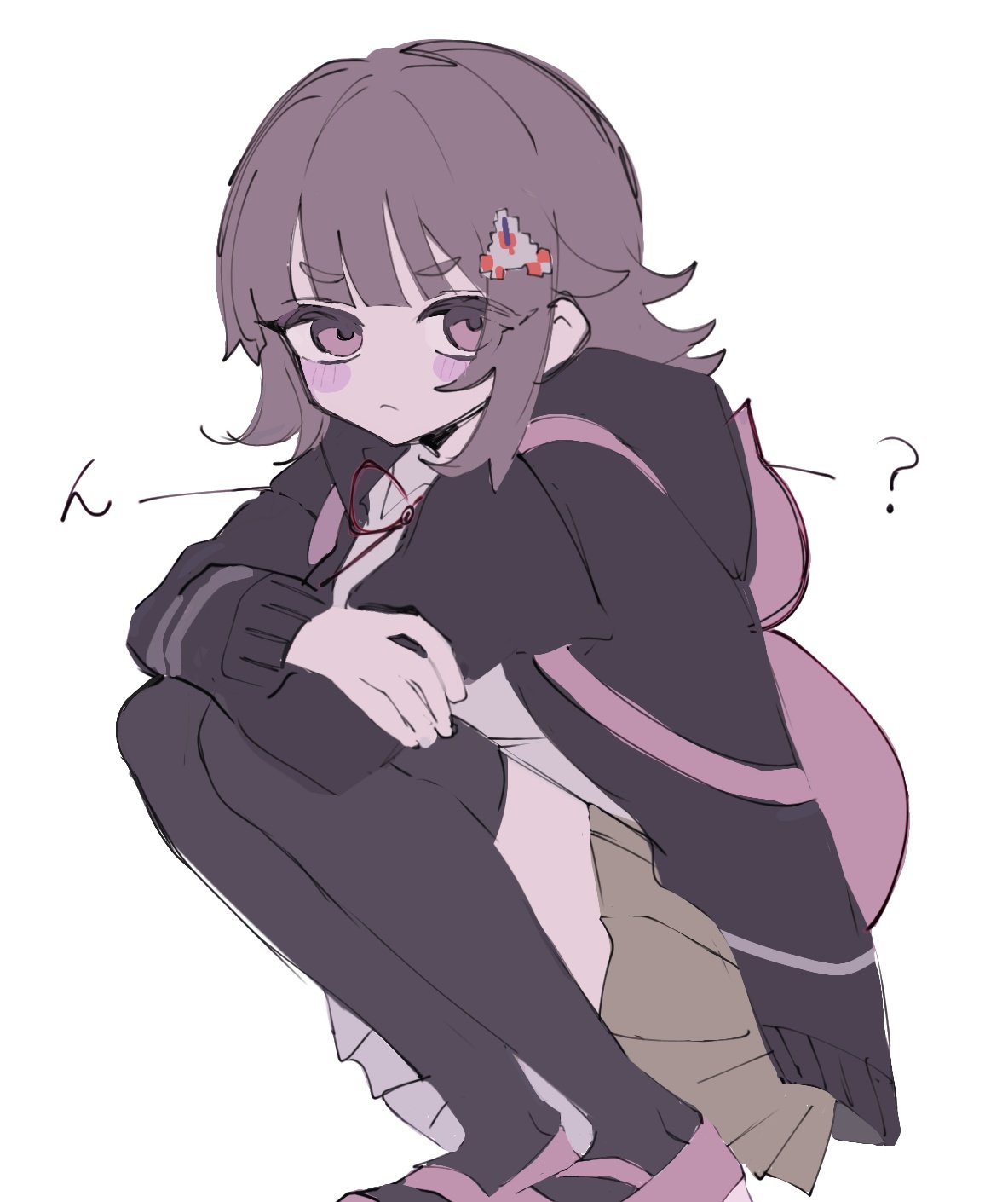 1girl, ?, animal_bag, black_thighhighs, blush, blush_stickers, brown_hair, brown_skirt